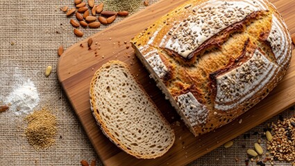 Artisan seeded sourdough bread loaf with a slice cut on a rustic wooden cutting board