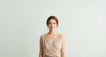 Obraz premium Woman in a beige dress against a plain background