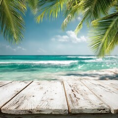 Tropical Beach View with Wooden Surface and Palm Leaves Background
