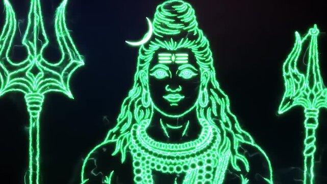 Hindu God Shiva with Trident in neon glow.