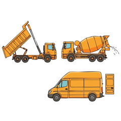 Illustration of construction vehicles, including a dump truck, cement mixer, and a delivery van, all in a bright yellow color, isolated on white.
