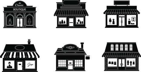 Boutique storefront icons, retail shop illustrations, fashion display windows, urban architecture, commercial facade designs, shopping exterior graphics, black white style