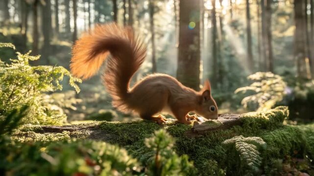 A red squirrel forages in a sunlit forest surrounded by lush green foliage and trees