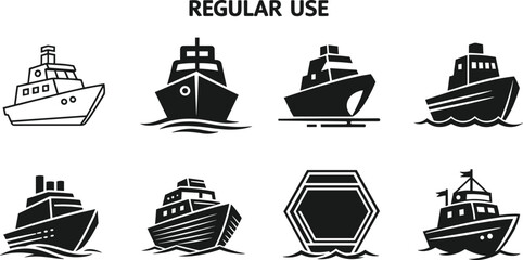 Boat illustrations, regular use vessels, black and white, maritime icons, ship sketches, nautical art, fishing boats, cabin design, watercraft styles, dock platform