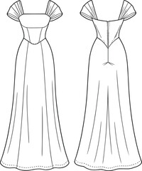 Formal dress fashion illustration, technical sketch, front and back view, off-shoulder gown, pleated sleeves, V-back, garment construction, elegant design