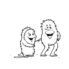 Cartoon Monsters Walking Together Hand in Hand Illustration Showing Friendship or Family