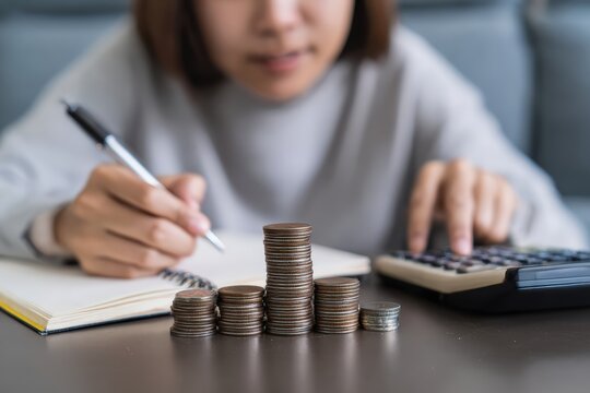 Woman managing personal finances at home, planning expenses, calculating savings, and writing down budget goals