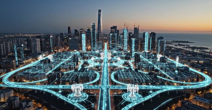 Futuristic city with digital network overlay at dusk. - Powered by Adobe