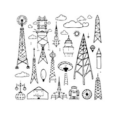 Collection of assorted communication towers and architectural structures in doodle art vector