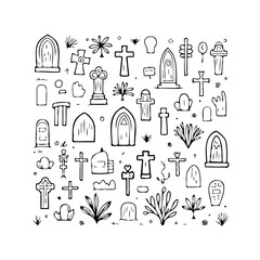 Collection of assorted tombstone sketches with crosses and other symbols in an old cemetery for