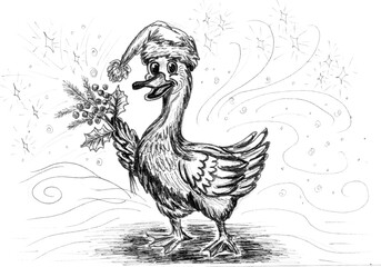 Hand-drawn festive duck goose wearing a Santa hat holding a holly branch with berries surrounded by swirling snowflakes and stars in a Christmas themed black and white pencil sketch  © Lara ArtFiesta