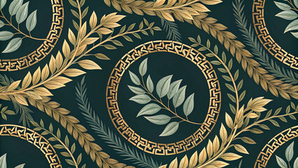 Victorian damask European and Western pattern with gold laurel wreaths and Greek key medallions on dark emerald, seamless luxury ornamental botanical wallpaper background