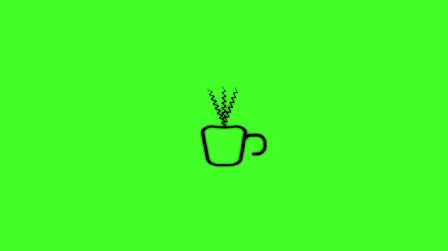 Black outline of a steaming coffee cup on a bright green background drink