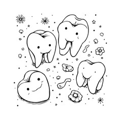 Cute Dental Caricatures Surrounded by Floral and Starry Accents in a Whimsical Design