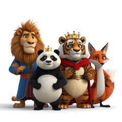 Animated animal royalty Lion panda tiger and fox stand together on white