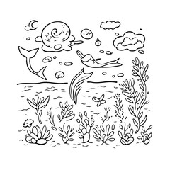 Delightful marine doodle scene captivating underwater life with whimsical ocean illustrations