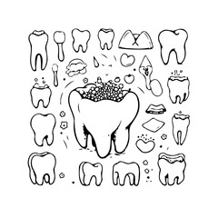 Dental health illustration showcasing diverse tooth conditions and hygiene tools for educational