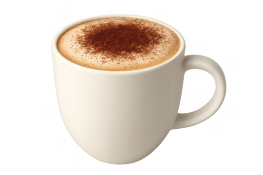 White mug of frothy cappuccino with cocoa powder