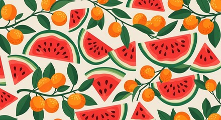 Seamless Watermelon and Orange Pattern, Summer Fruit Background