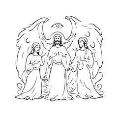 Divine trio illustration with angel wings an all-seeing eye above a figure, spiritual encounter