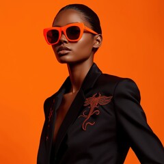 Elegant woman in black blazer and orange sunglasses against vibrant orange backdrop