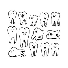 Doodle dental icons forming a playful pattern against a stark white backdrop fifteen cute teeth