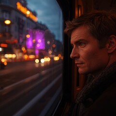 Pensive man gazes through train window at blurred city lights at dusk