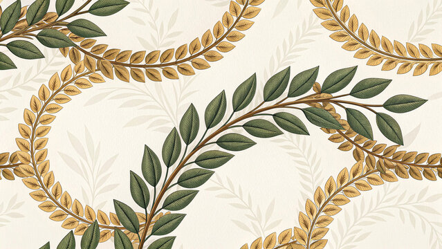 European Western Victorian Damask with Interlocking Gold Laurel Rings and Green Branches on Ivory, Seamless Neoclassical Botanical Pattern for Luxury Wallpaper, Textile, Fabric and Packaging