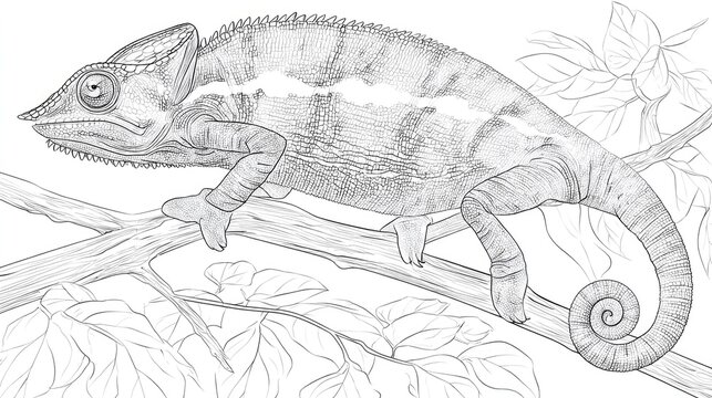 Detailed line art depicts a chameleon perched on a branch amidst foliage.