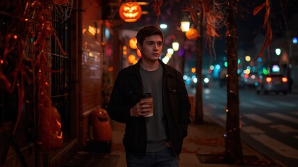 Halloween Night Stroll Young Man with Coffee on Decorated City Street