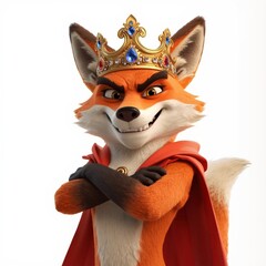 Cartoon Fox King with Jeweled Crown and Red Cape Arms Crossed Smirking