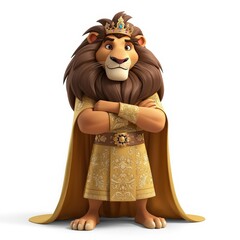 Cartoon Lion King with Golden Crown and Cape Standing Proudly