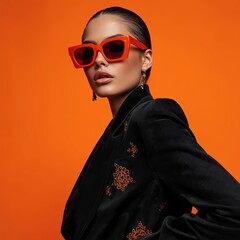 Stylish woman in black velvet jacket and orange sunglasses against vibrant orange backdrop