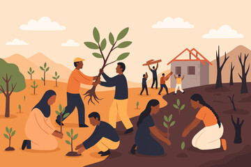 Local community rebuilding forest after conflict, teamwork and hope, flat vector scene