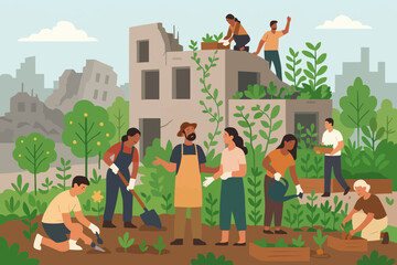 Former war ruins transformed into a thriving urban garden, community working together, flat vector