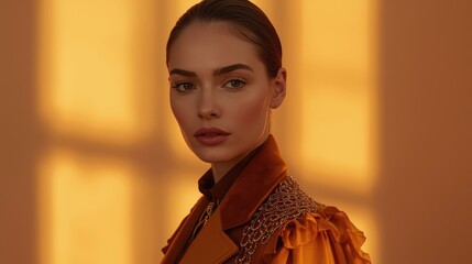 Elegant woman in golden light with embellished shoulder detail and slickedback hair