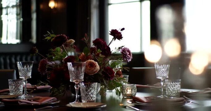 Elegant dining table setup with floral centerpiece, soft lighting ambiance