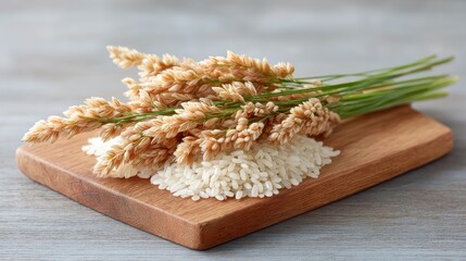 Conceptual Still Life Of Rice Grains With Stalks On A Wooden Board With Soft Lighting And A Neutral Background