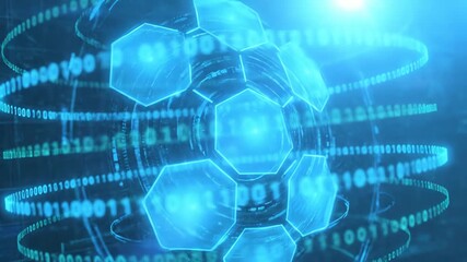 A digitally rendered soccer ball is shown with binary code swirling around it and a keyhole icon overlay, presented with a vibrant blue color scheme that evokes a futuristic technological feel, - Powered by Adobe