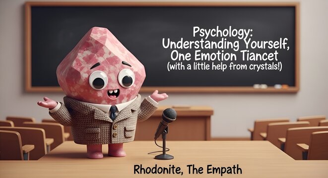 Cute Rhodonite Crystal Character Teaching Psychology and Emotional Intelligence in Classroom Setting with Humor