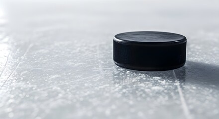 A single black hockey puck rests on a textured white surface with subtle light and shadow creating a clean minimalist sports concept