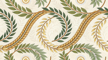 European Victorian Damask with Gold Laurel Wreaths and Braided Scrolls on Ivory, Seamless Neoclassical Botanical Pattern for Wallpaper, Fabric, Packaging, Western Ornate Vintage Background Design