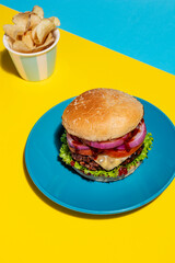 Bold Color Block Food Ad: Burger and Fries