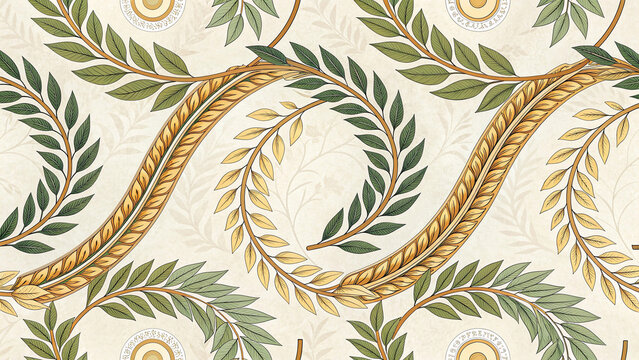 European Victorian Damask with Gold Laurel Wreaths and Braided Scrolls on Ivory, Seamless Neoclassical Botanical Pattern for Wallpaper, Fabric, Packaging, Western Ornate Vintage Background Design - Powered by Adobe