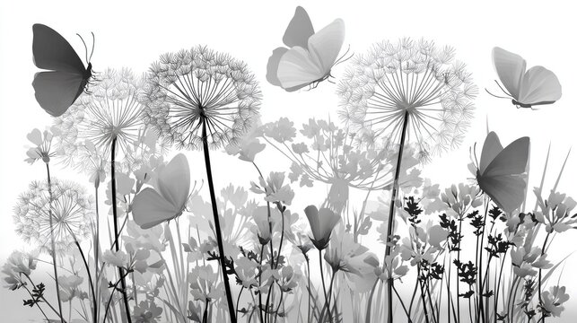Fototapeta Delicate butterflies flutter around fluffy seed heads in a monochromatic garden.