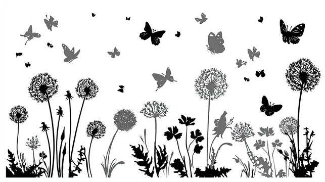 Fototapeta Butterflies and dandelions bloom in a stylized silhouette.
