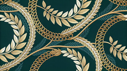 European and Western Victorian Damask Pattern with Luxury Gold Laurel Wreaths and Chains on Emerald Green, Seamless Baroque Floral Background for Wallpaper, Textile, Packaging, Decorative Design