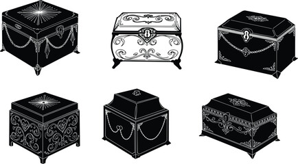 Antique jewelry box silhouette collection, elegant vintage treasure chest set with floral ornaments and lock design, decorative storage vector illustration