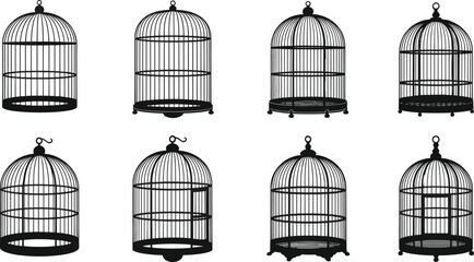 Antique birdcage vector silhouette collection, vintage metal cage set, elegant decorative aviary design, black and white illustration for decor