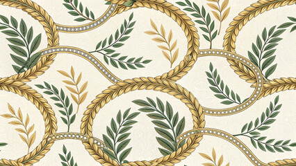 European Western Victorian Damask Seamless Pattern, ornate gold laurel wreaths with green botanical leaves on cream, elegant vintage wallpaper background, classic decorative textile repeat